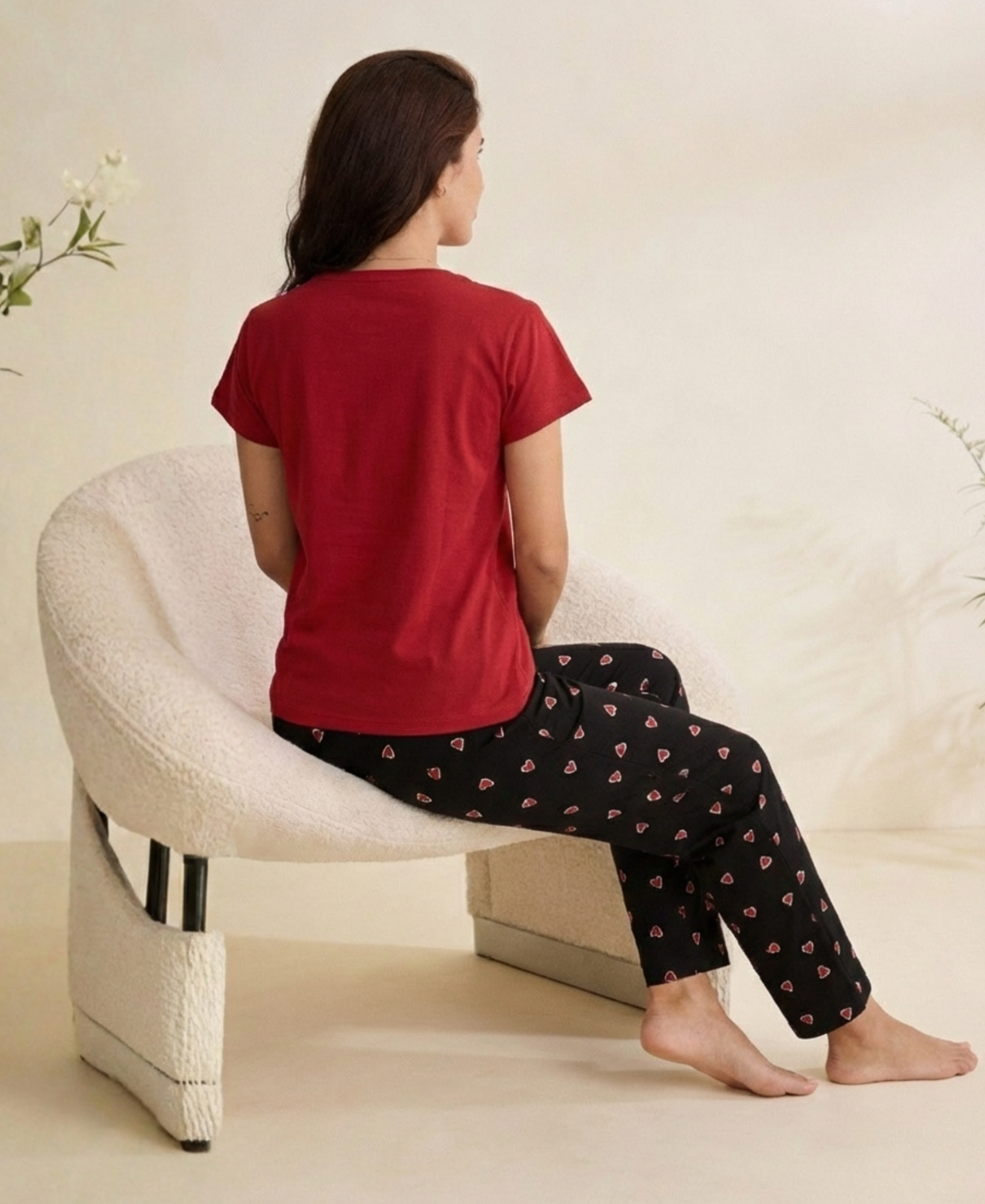 Deep Red Rose Embroidered Hosiery Nightsuit for Women