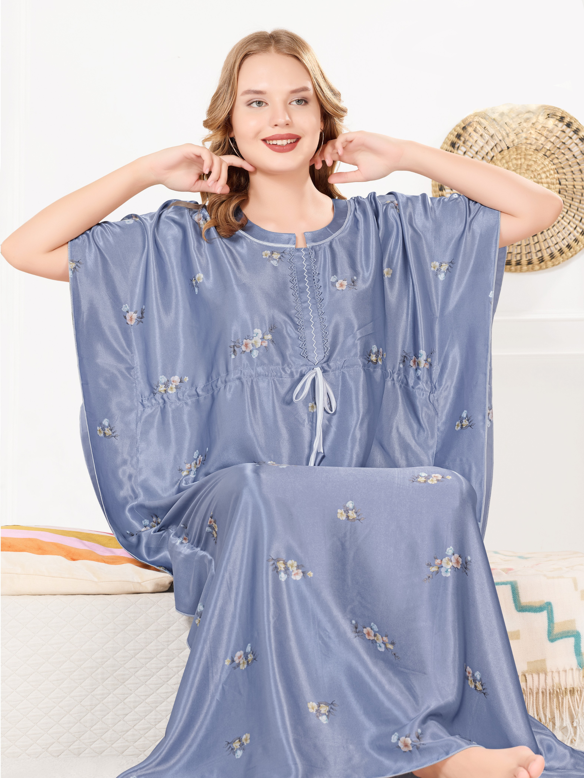 Powder blue satin kaftan for women with delicate floral print, front view