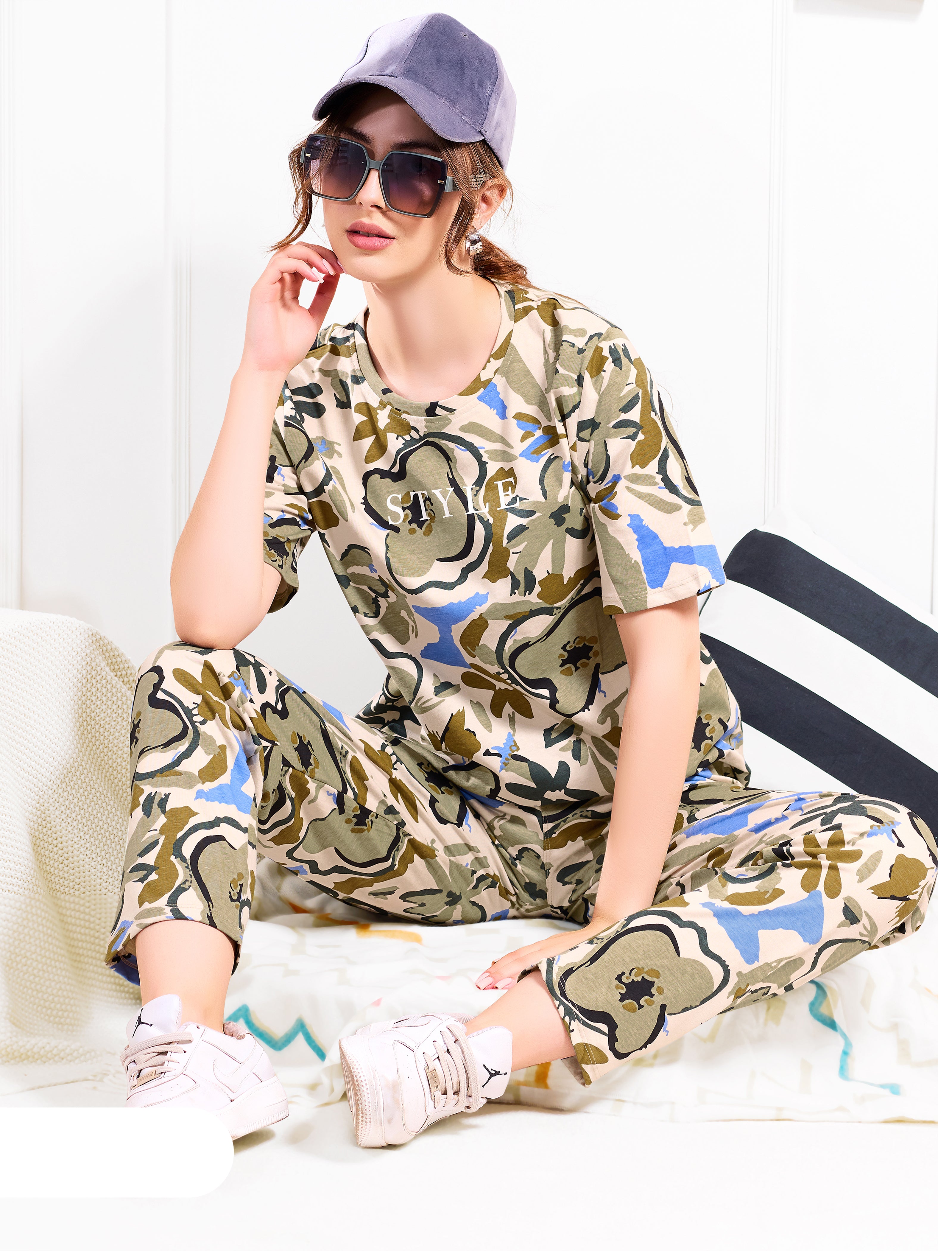 Olive Green Abstract Nightsuit