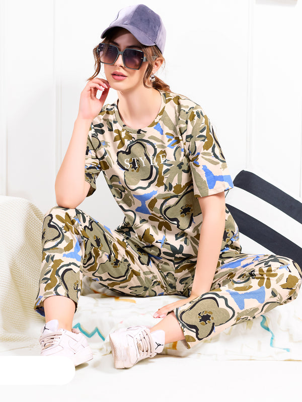 Olive Green Abstract Nightsuit