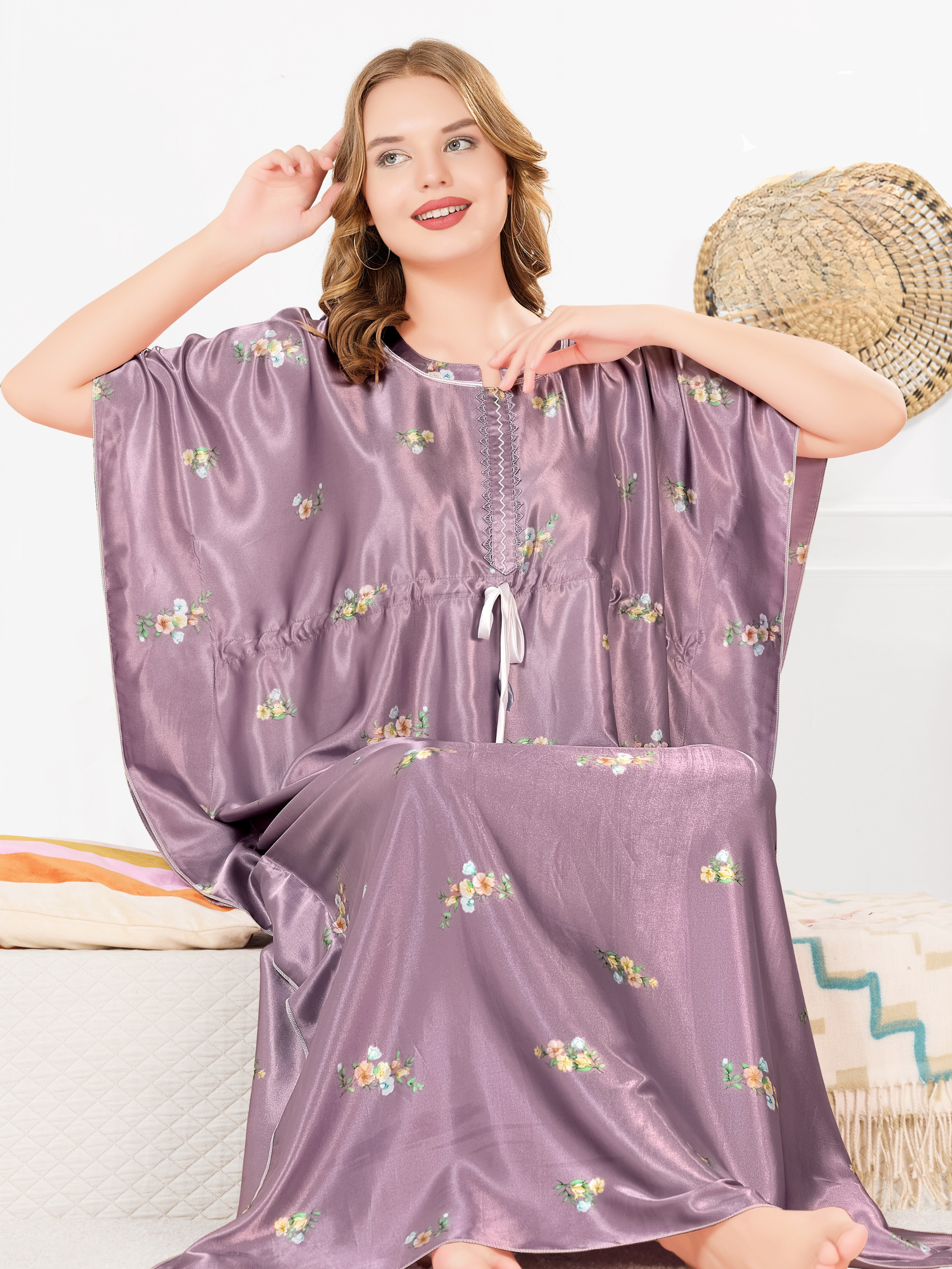 Lavender mauve satin kaftan for women with floral print, front view