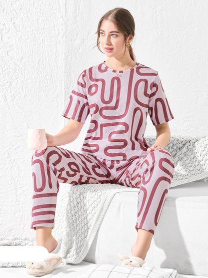 Light pink with maroon abstract Nightsuit