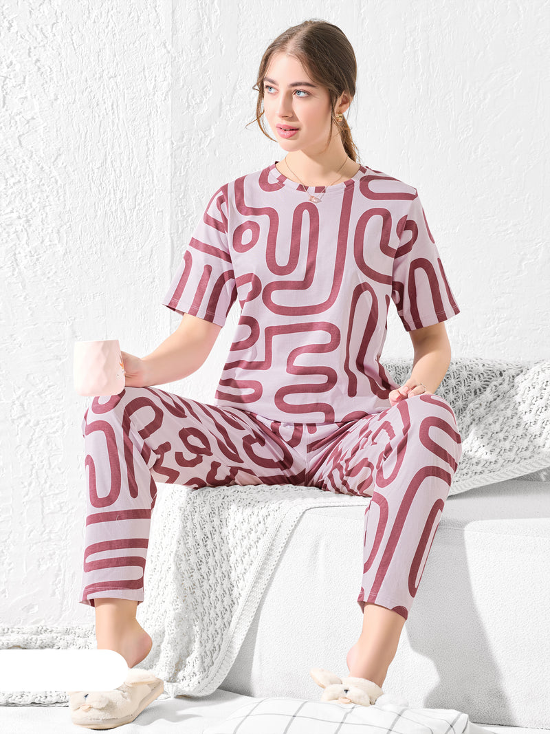 Light pink with maroon abstract Nightsuit - Priincezz Nightwear