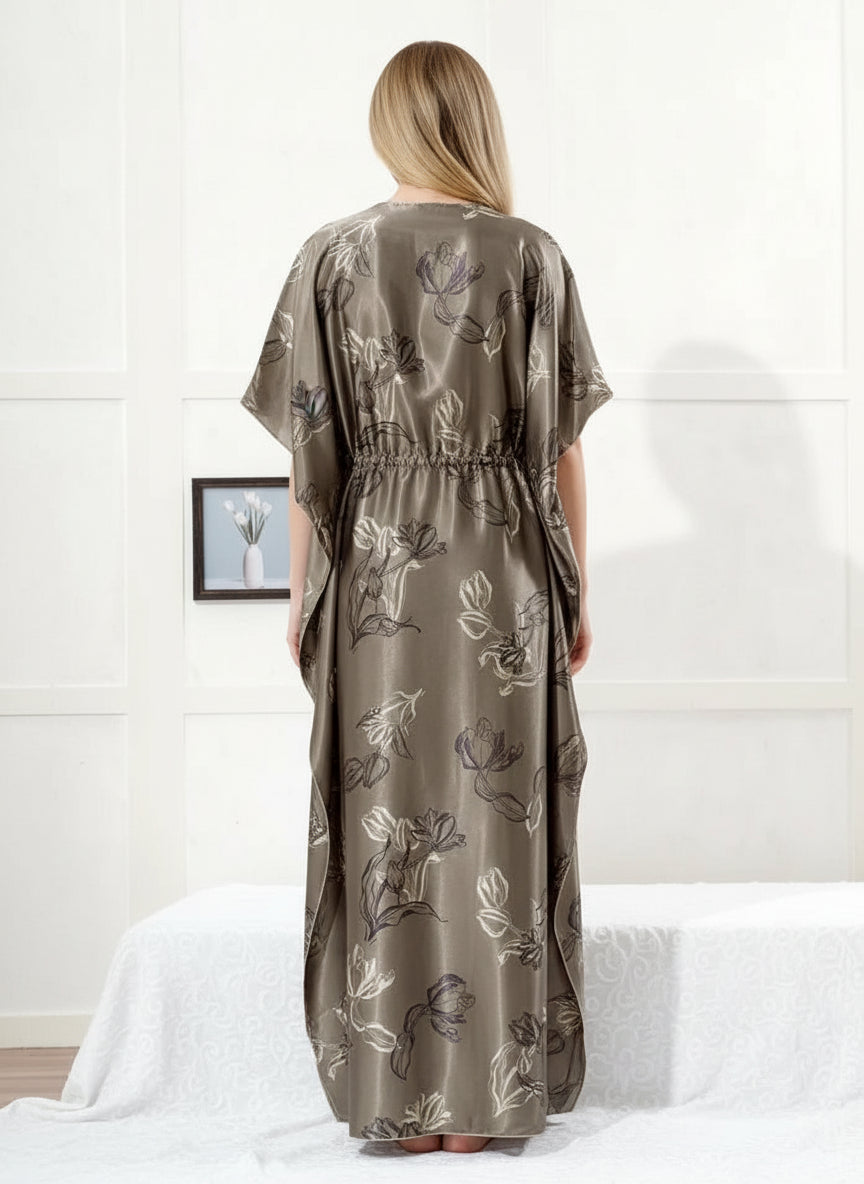 Olive Floral Print Satin Kaftan for Women | Luxury Silky Nighty