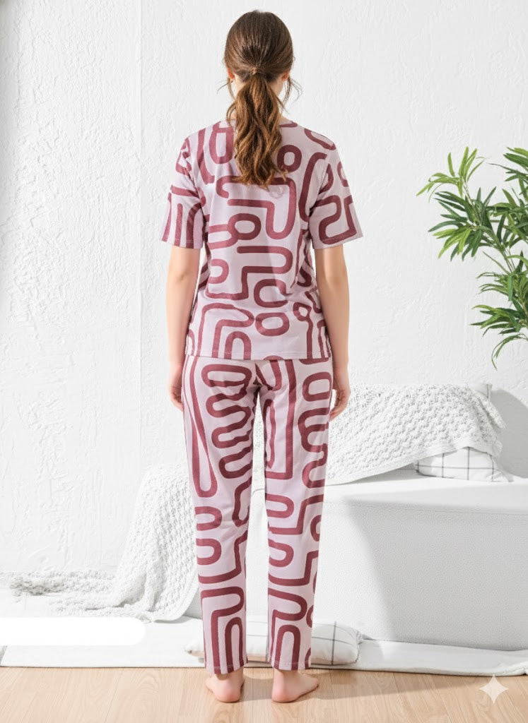 Light pink with maroon abstract Nightsuit - Priincezz Nightwear