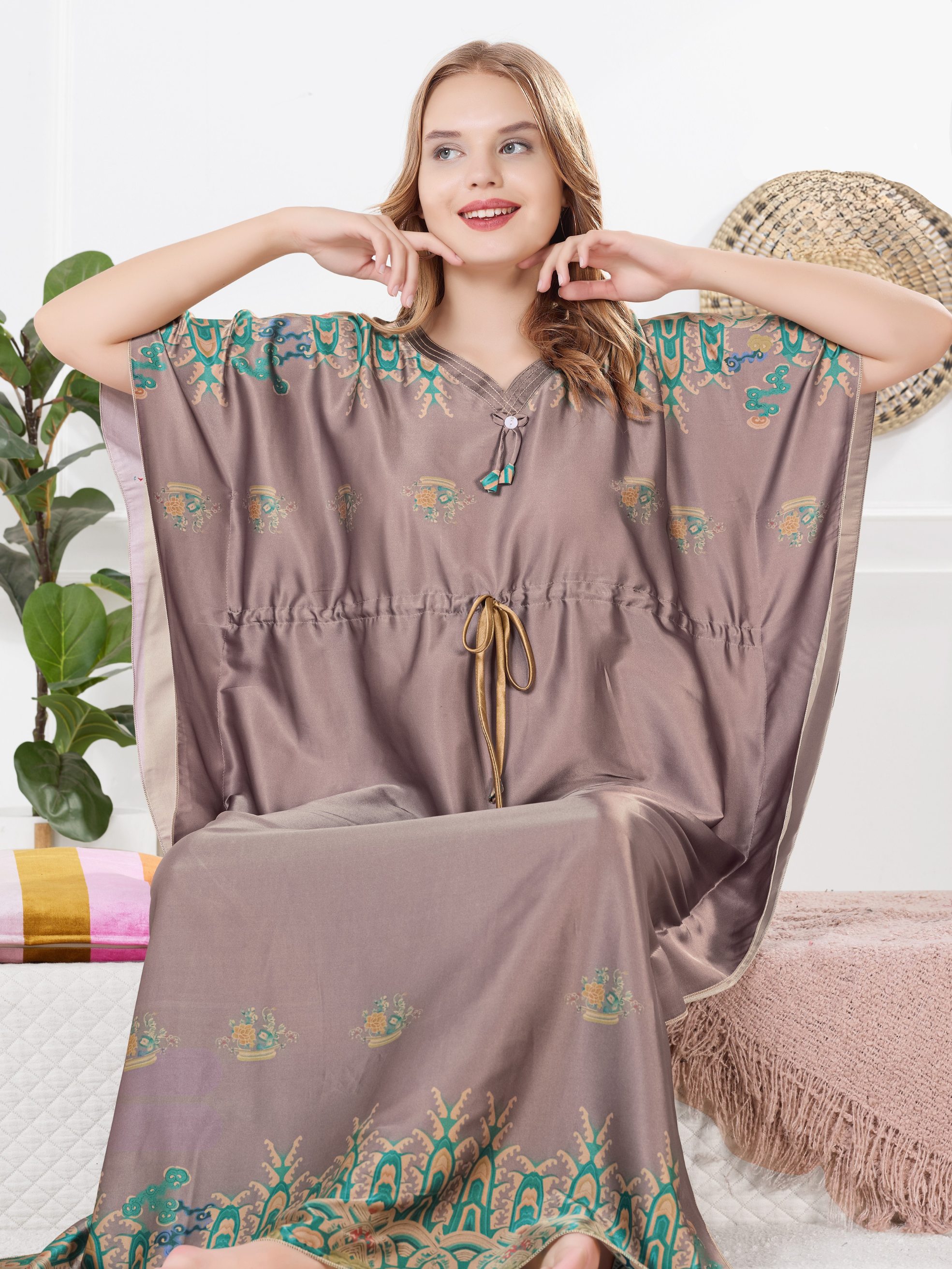 Taupe grey satin kaftan for women with teal ethnic print, front view