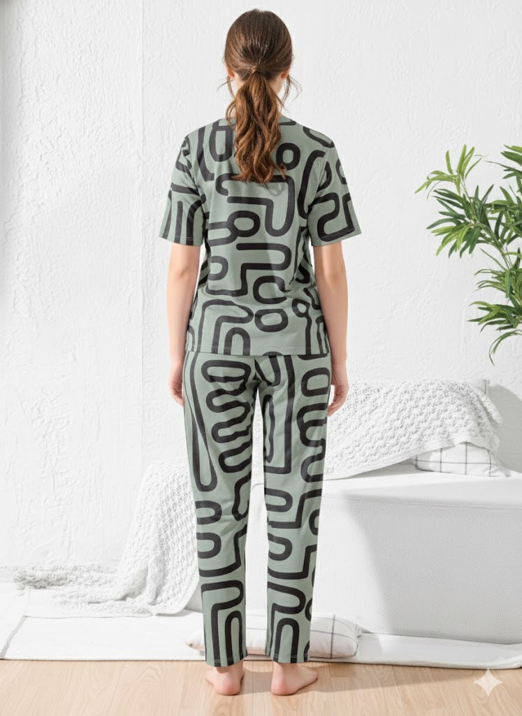 Sage green with black abstract Nightsuit - Priincezz Nightwear