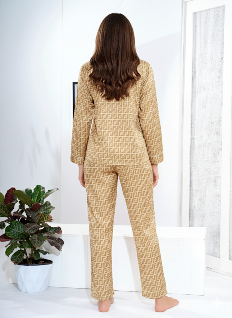 Light Golden Satin Collar Nightsuit - Priincezz Nightwear