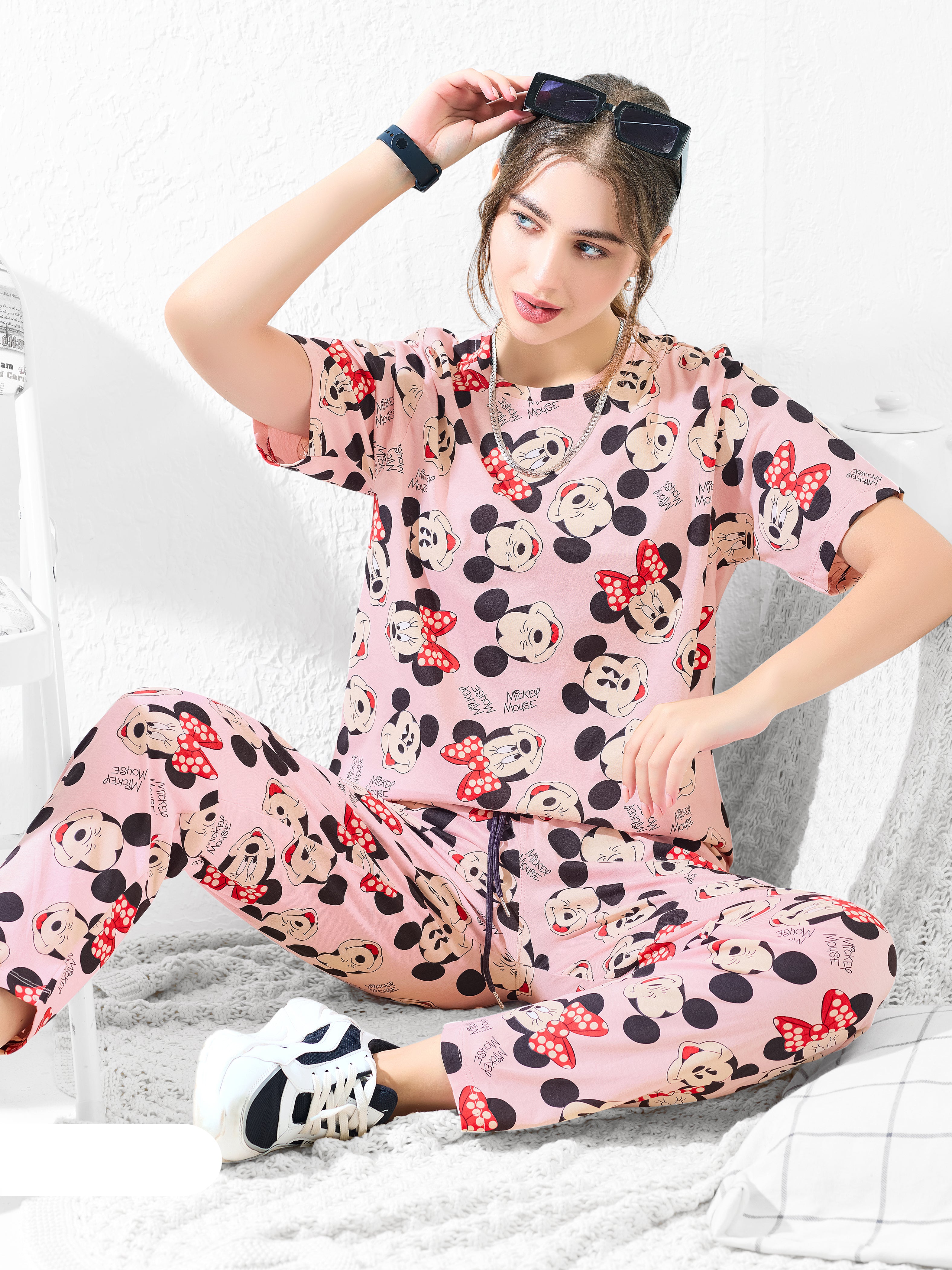 Light pink with Mickey & Minnie cartoon print Nightsuit - Priincezz Nightwear