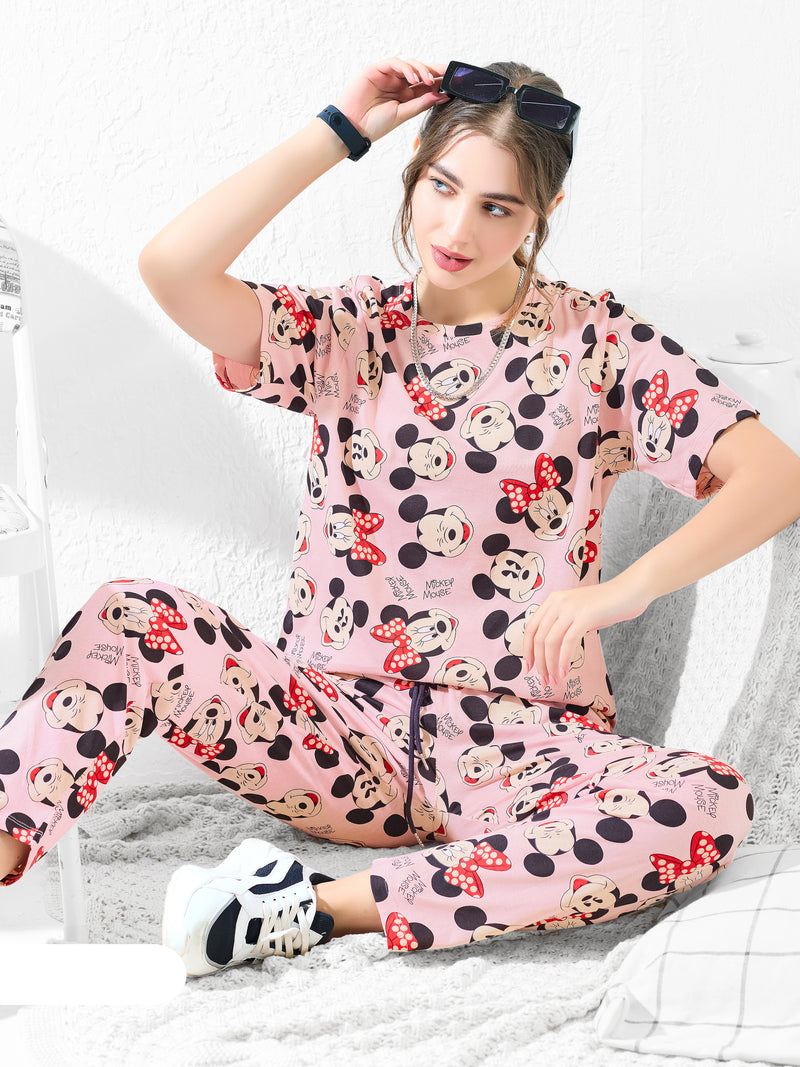 Light pink with Mickey & Minnie cartoon print Nightsuit - Priincezz Nightwear