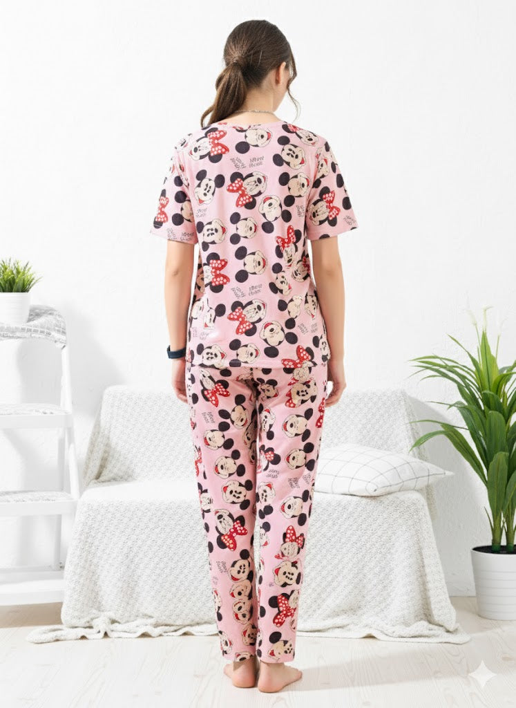 Light pink with Mickey & Minnie cartoon print Nightsuit - Priincezz Nightwear