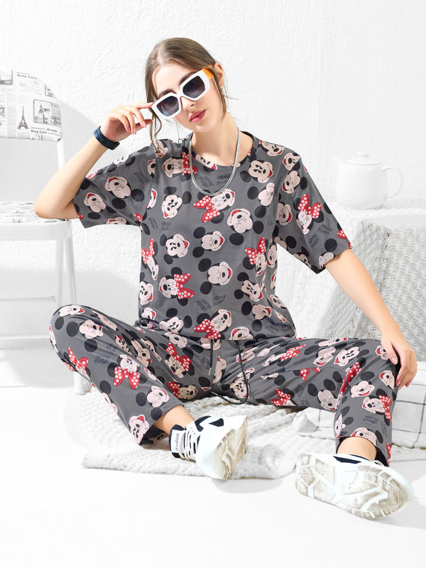Mickey Mouse Print Grey Nightsuit - Priincezz Nightwear