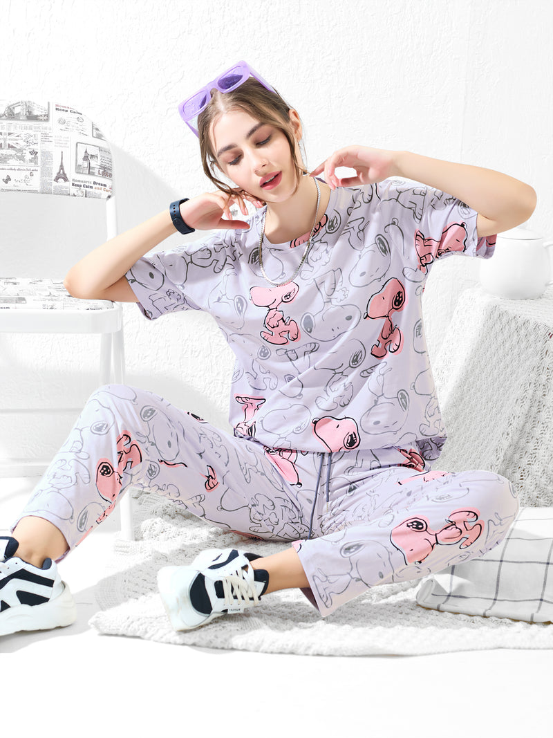 lavender with pink Snoopy Print Nightsuit - Priincezz Nightwear