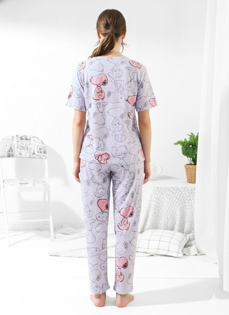 lavender with pink Snoopy Print Nightsuit - Priincezz Nightwear
