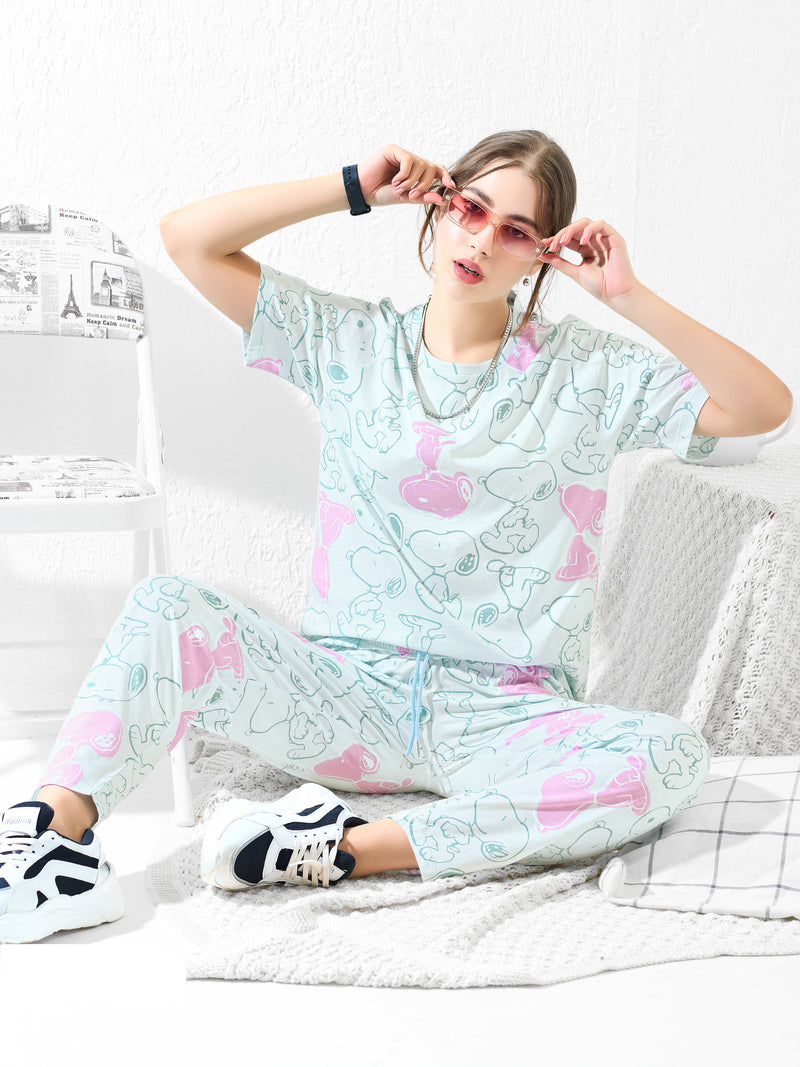 Mint Green with Pink & Blue Snoopy Print Nightsuit - Priincezz Nightwear