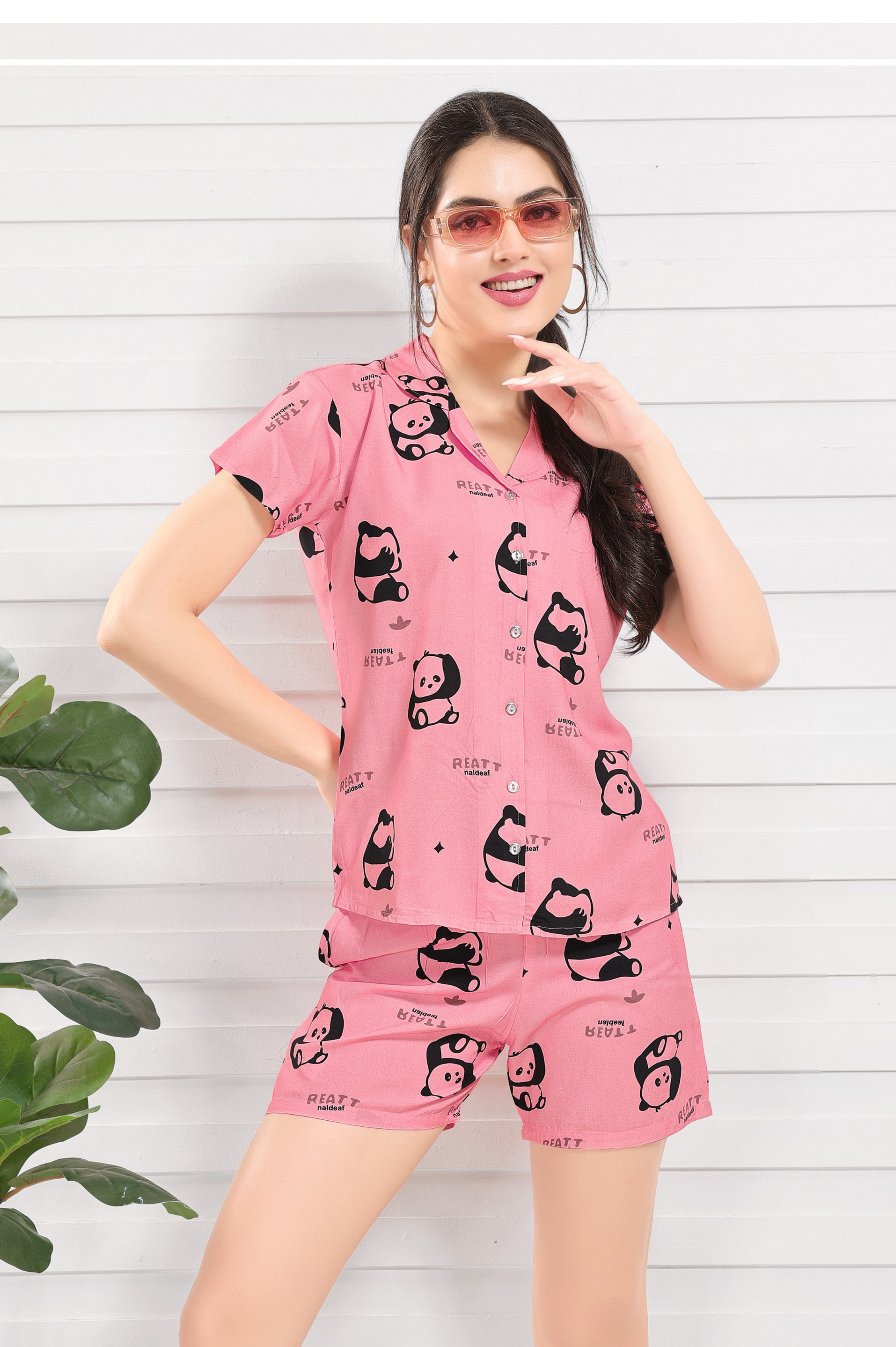 Pink Panda Print Premium Cotton Short Nightsuit