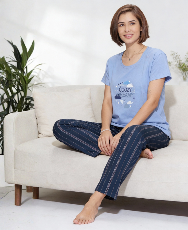 Sky Blue "Coozy Dreamy" Hosiery Nightsuit for Women