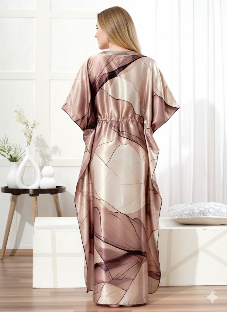 Beige & Wine Abstract Satin Kaftan