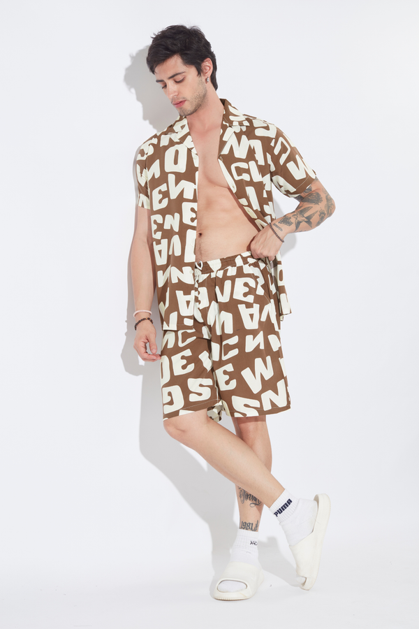 Mocha Typography Print Mens Co-ord Set