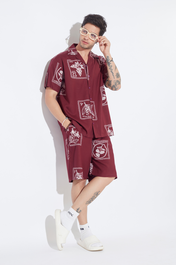 Burgundy Stamp Print Mens Co-ord Set
