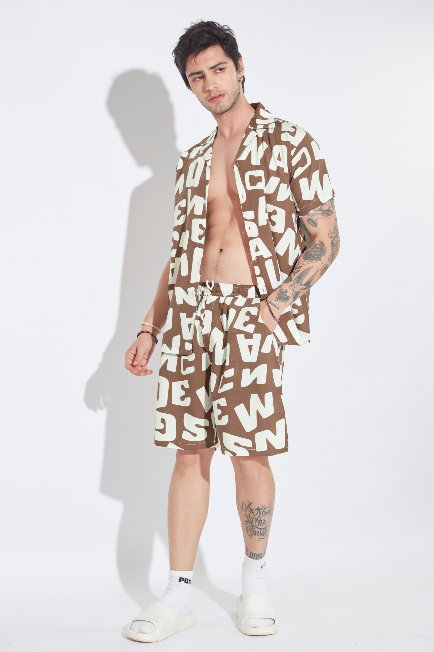 Mocha Typography Print Mens Co-ord Set