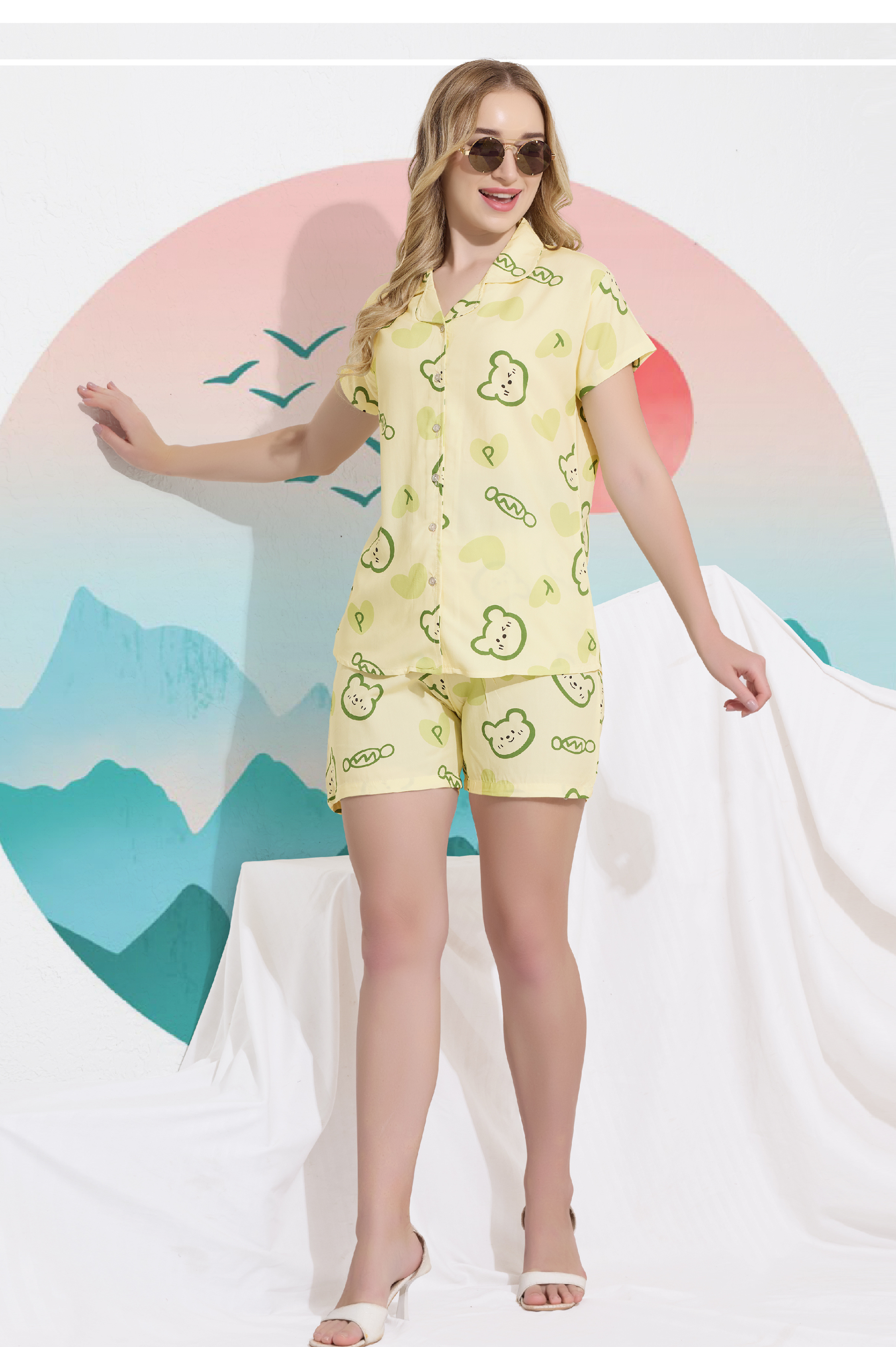 Whimsical Bear Print Premium Cotton Short Nightsuit