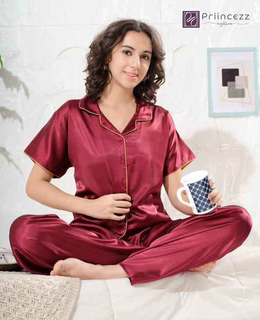 Maroon Luxe Satin Night Suit