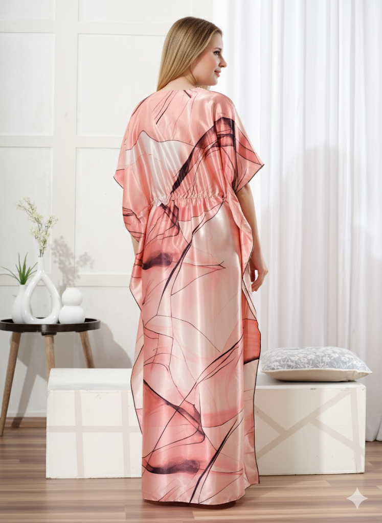 Coral Abstract Satin Kaftan - Priincezz Nightwear