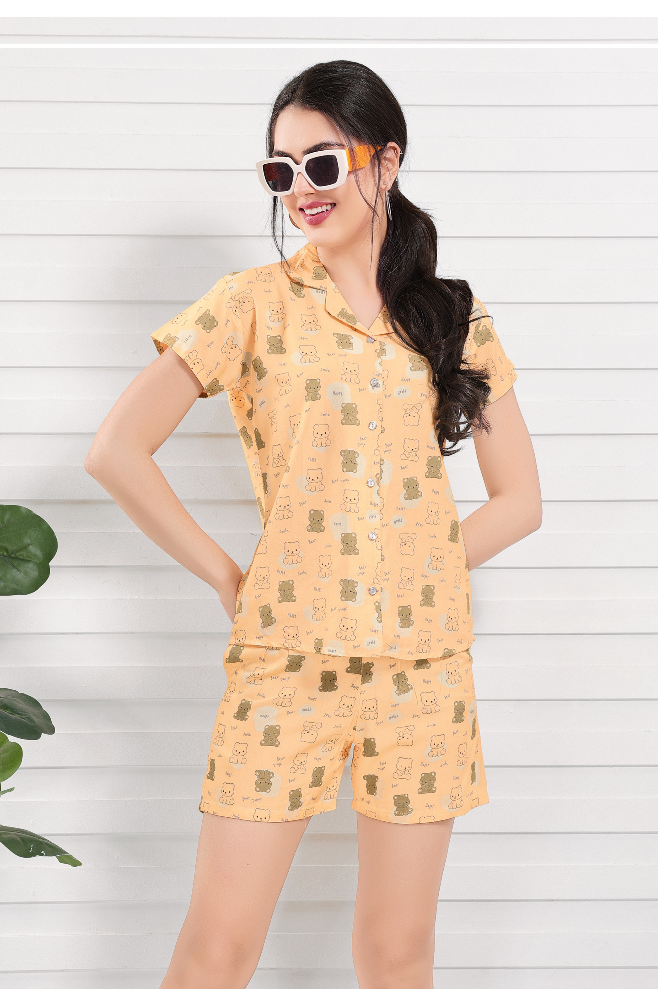 Cute Peach Bear Print Premium Cotton Short Nightsuit