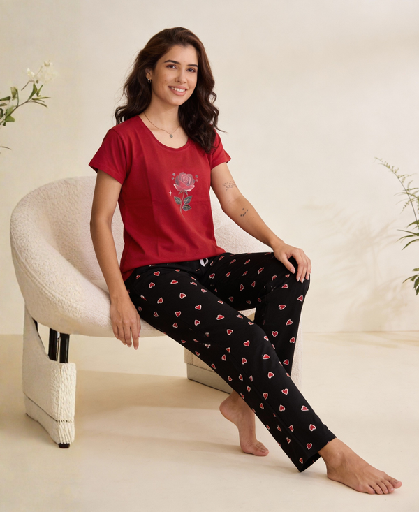 Deep Red Rose Printed Hosiery Nightsuit for Women