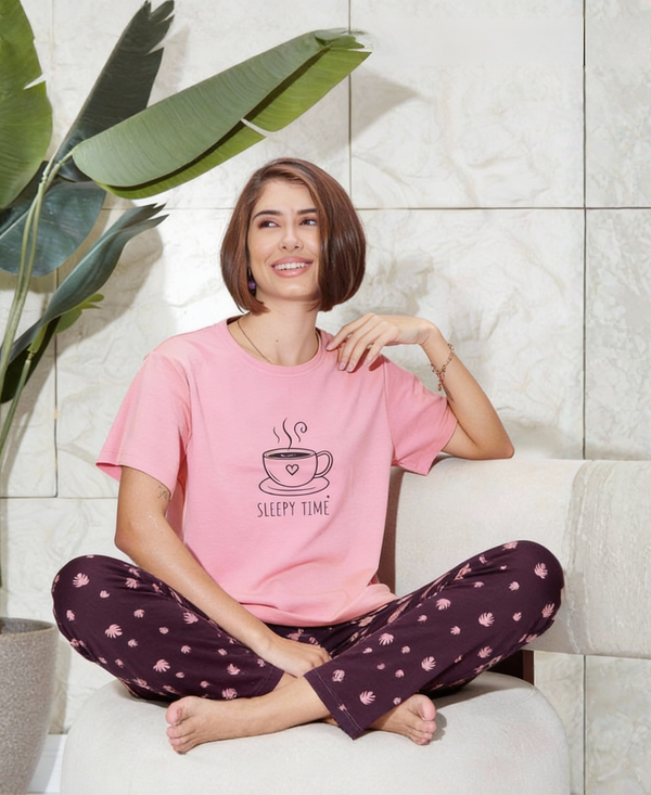 Baby Pink "Sleepy Time" Coffee Print Hosiery Nightsuit for Women