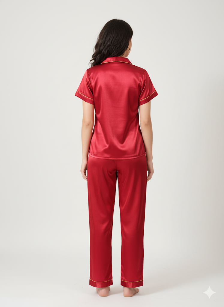 Back view of red solid satin pajama set showing relaxed fit and silky drape
