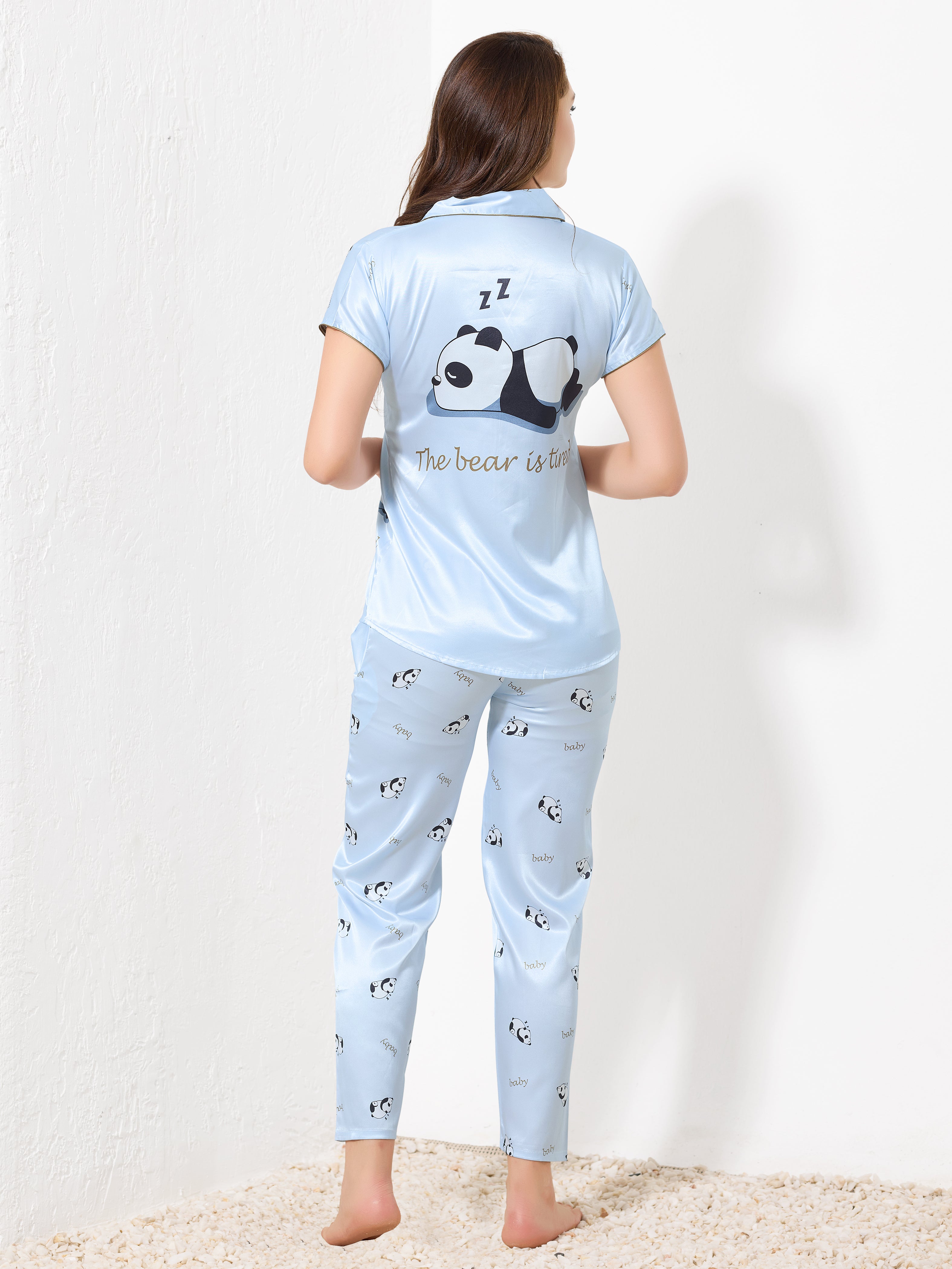 Sky Blue Satin 3pc Nightsuit - Priincezz Nightwear