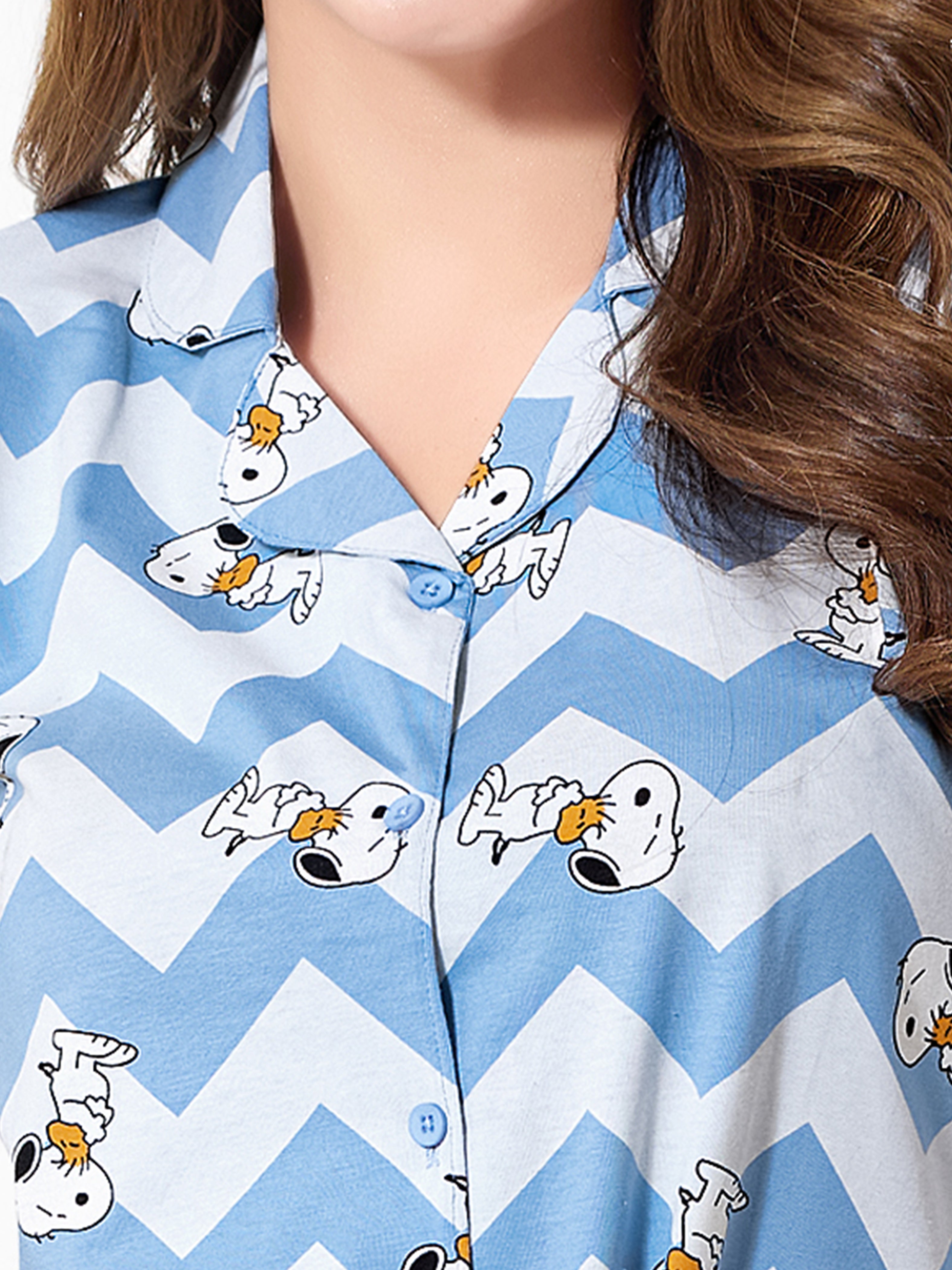 Blue Zig Zag Night Suit | Women's Printed Cotton Nightwear for Relaxed Comfort - Priincezz Nightwear