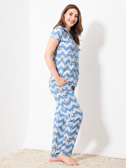 Blue Zig Zag Night Suit | Women's Printed Cotton Nightwear for Relaxed Comfort
