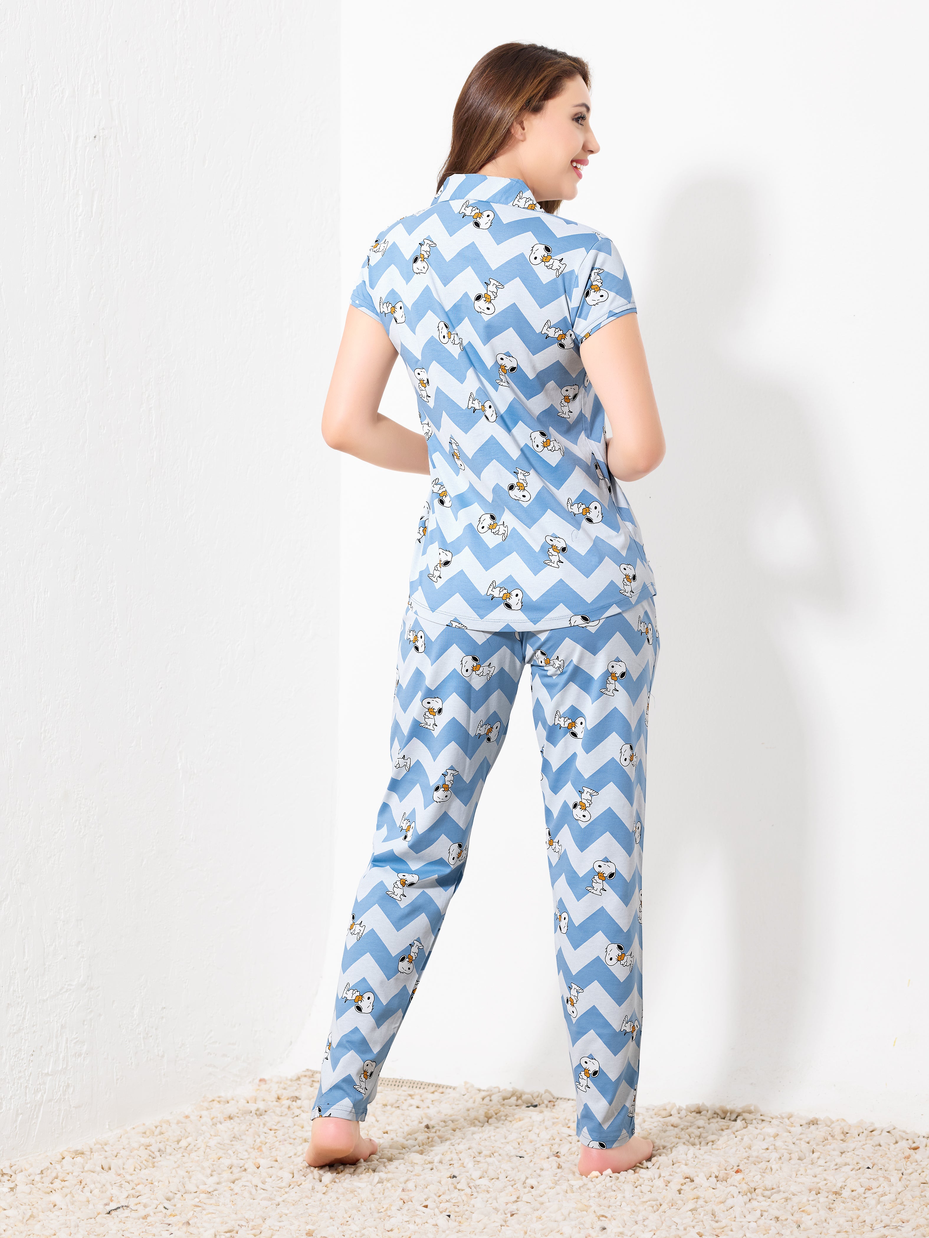 Blue Zig Zag Night Suit | Women's Printed Cotton Nightwear for Relaxed Comfort - Priincezz Nightwear