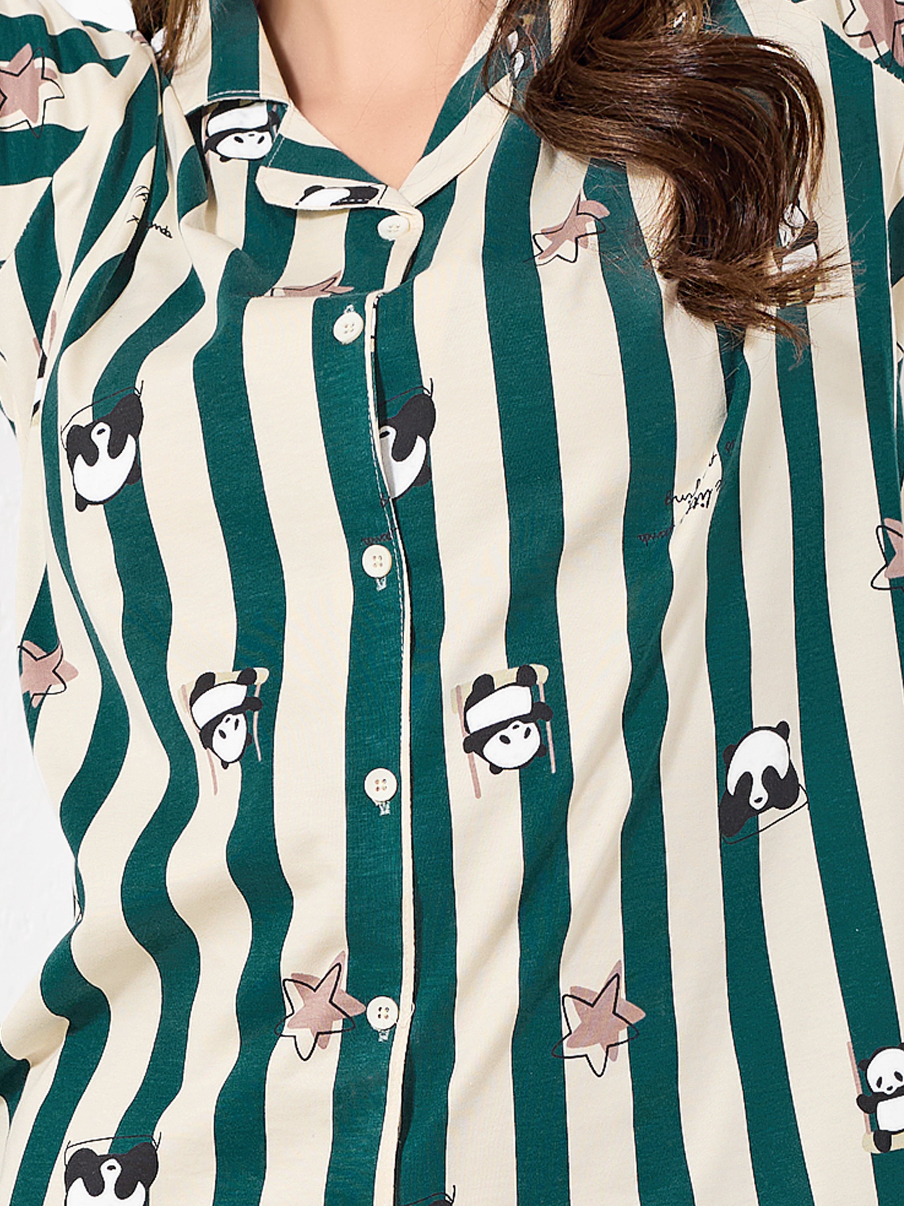 Dark Green Stripes Night Suit - Priincezz Nightwear