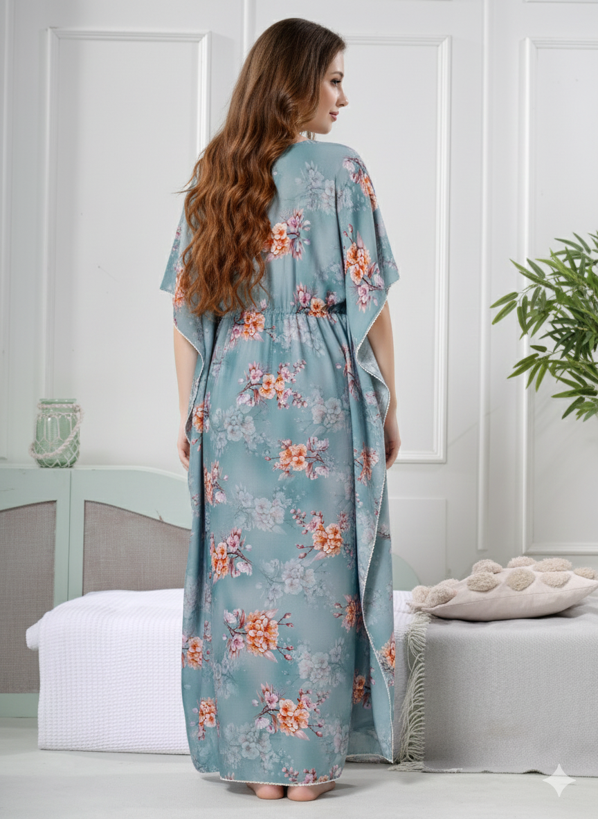Floral Print Premium Cotton Kaftan for Women in Sea Green