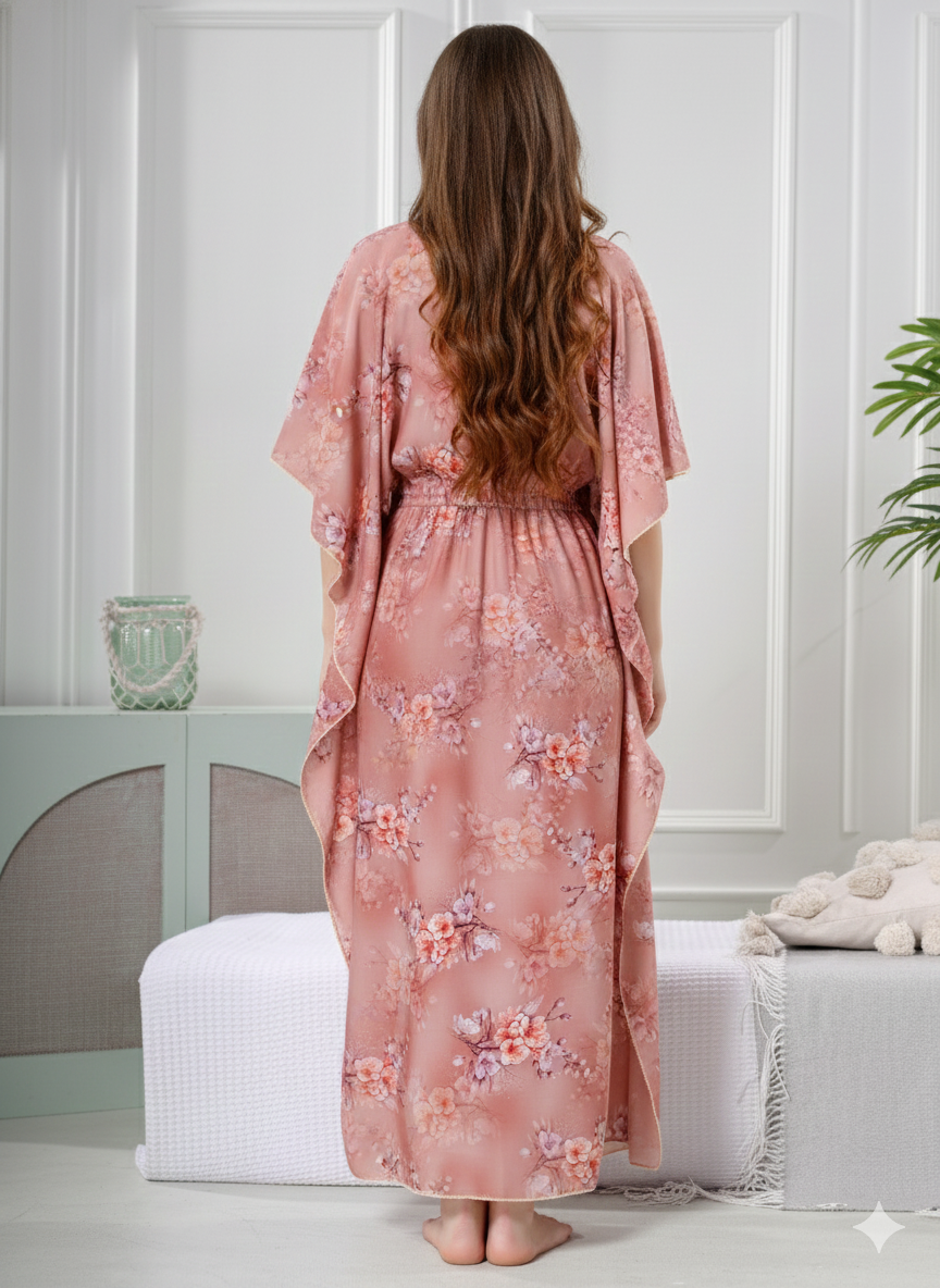 Floral Print Premium Cotton Kaftan for Women in Blush Peach