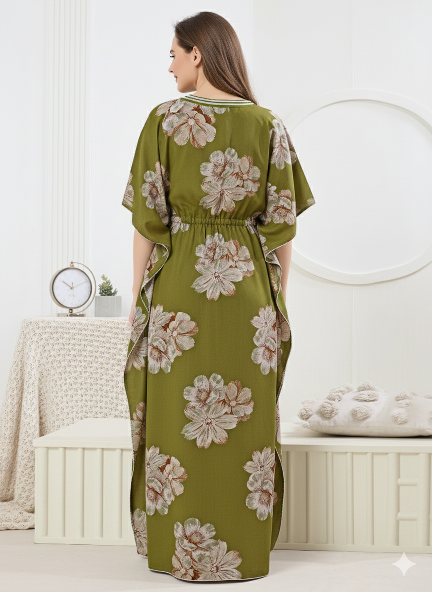 Floral Print Premium Cotton Kaftan for Women in Olive Green