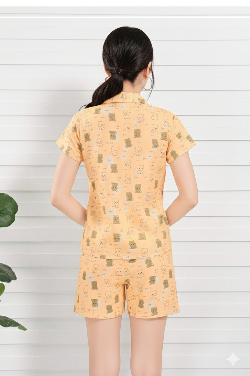 Cute Peach Bear Print Premium Cotton Short Nightsuit