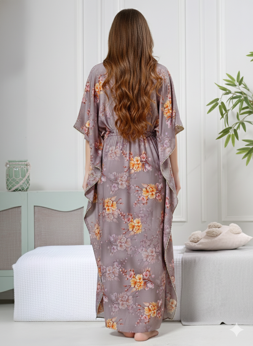 Floral Print Premium Cotton Kaftan for Women in Taupe Grey