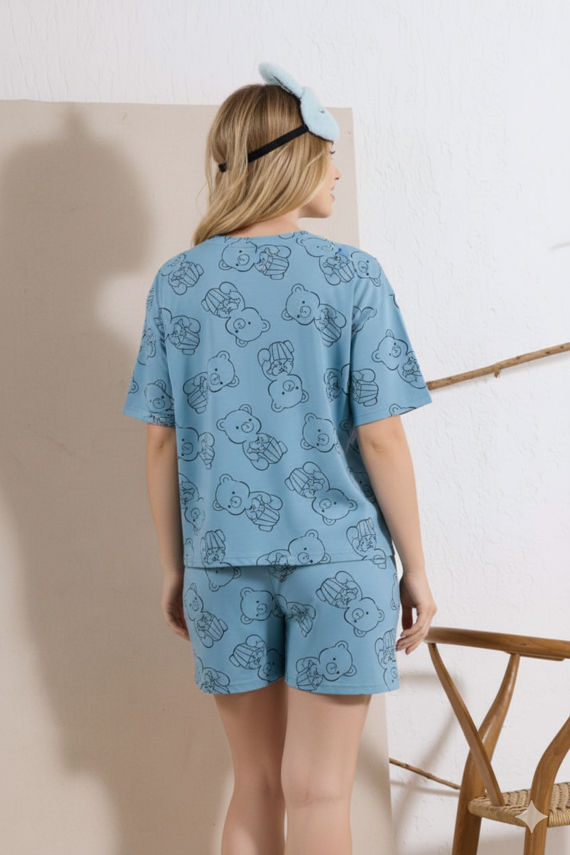 Light Blue Teddy Bear Print Short Nightsuit Set