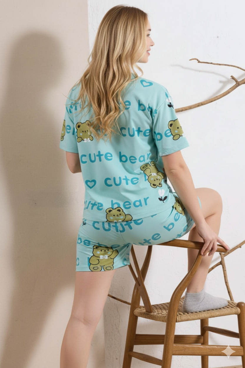 Teddy Cuddles Sea Green Short Nightsuit Set