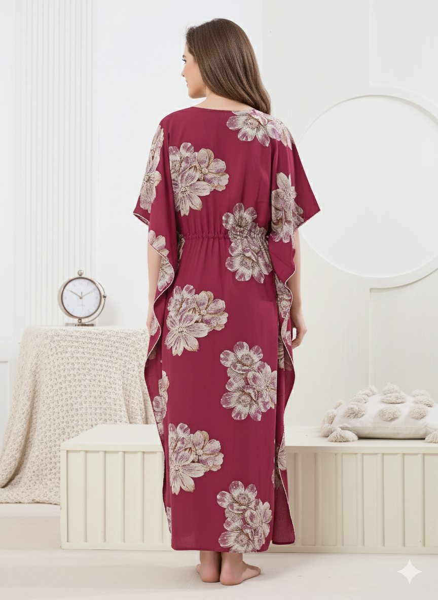 Floral Print Premium Cotton Kaftan for Women in Wine Maroon