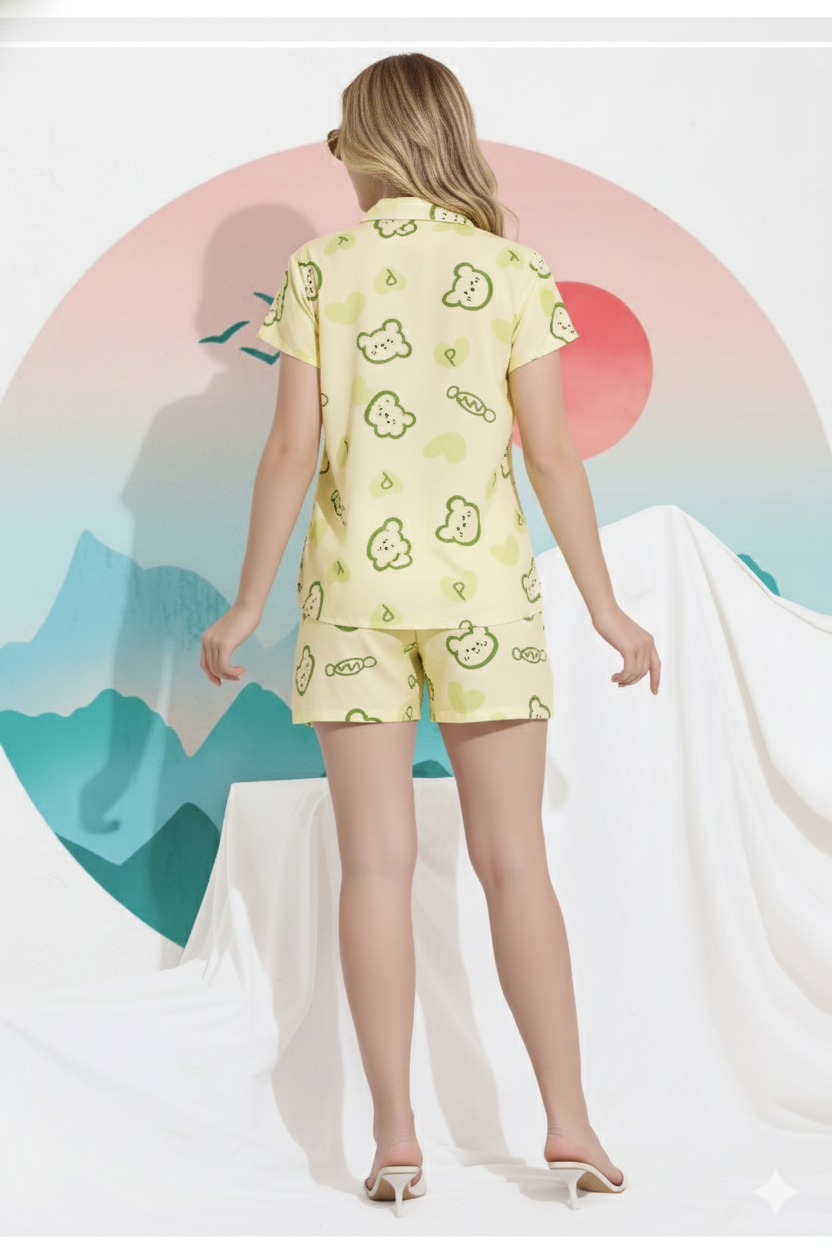 Whimsical Bear Print Premium Cotton Short Nightsuit