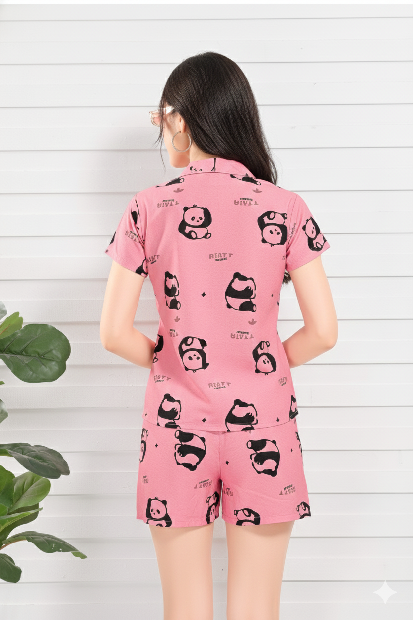 Pink Panda Print Premium Cotton Short Nightsuit