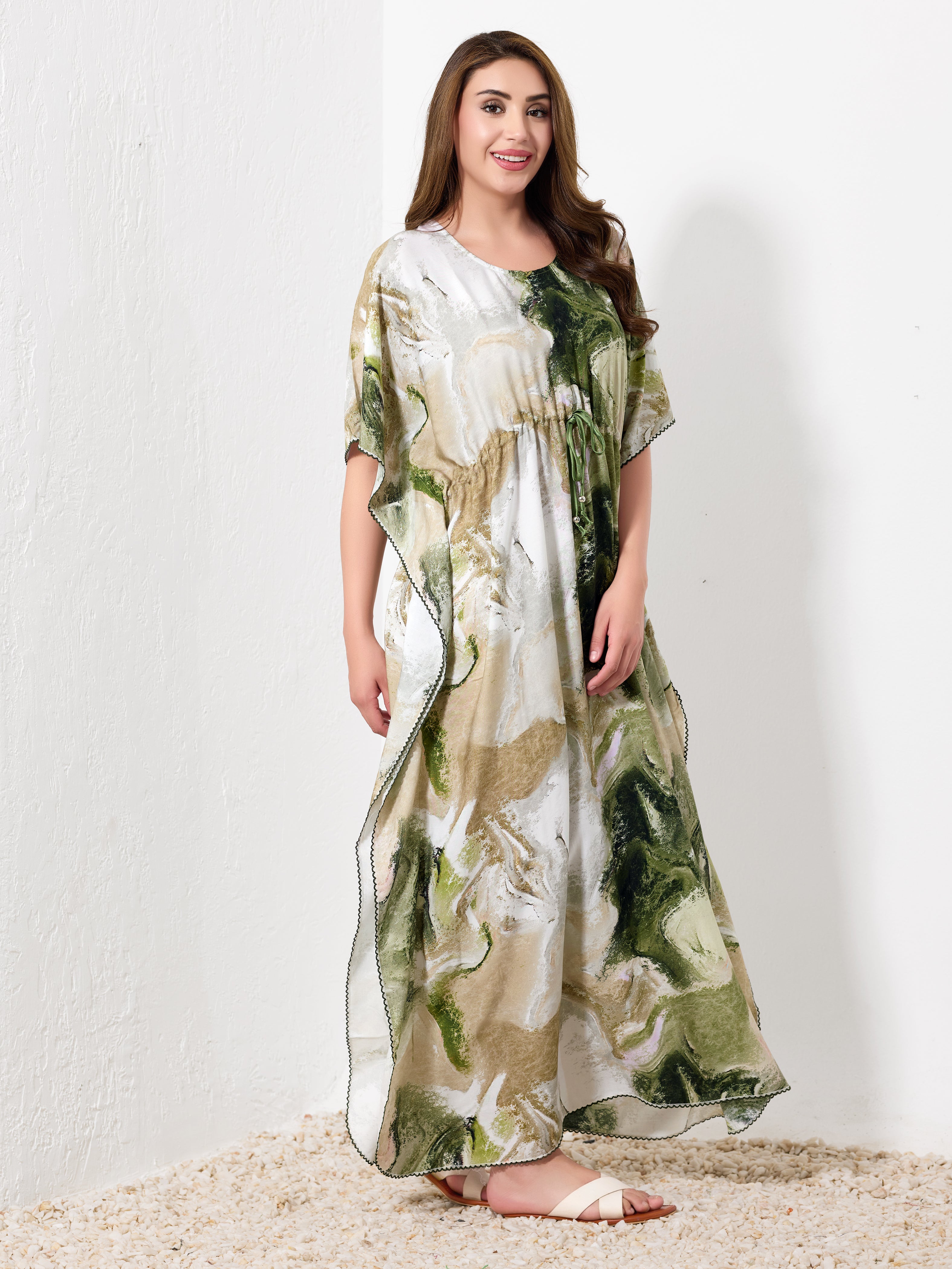Green & Beige Abstract Kaftan - Priincezz Nightwear