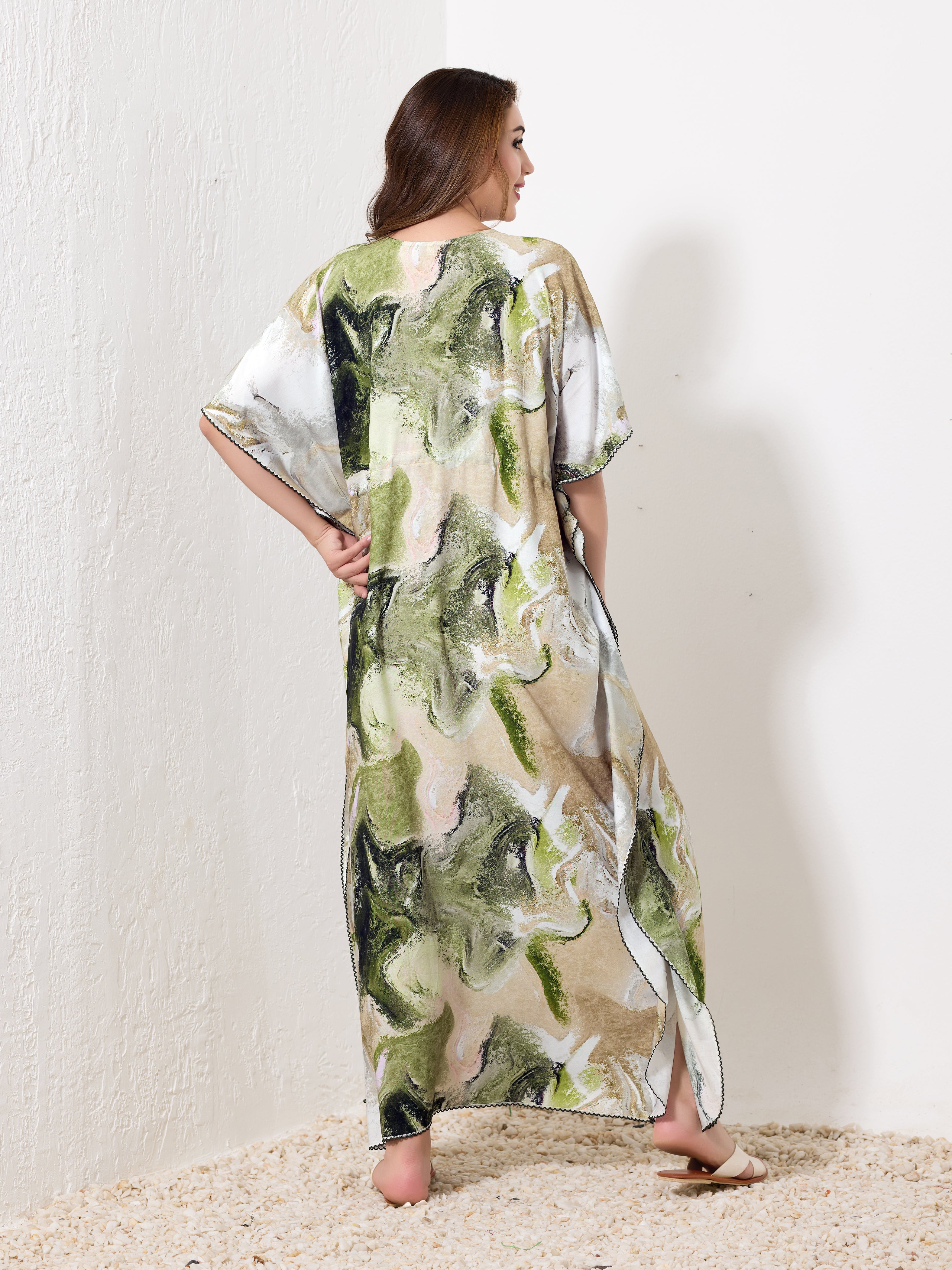 Green & Beige Abstract Kaftan - Priincezz Nightwear