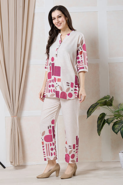 Beige & Pink Abstract Co-ord Set